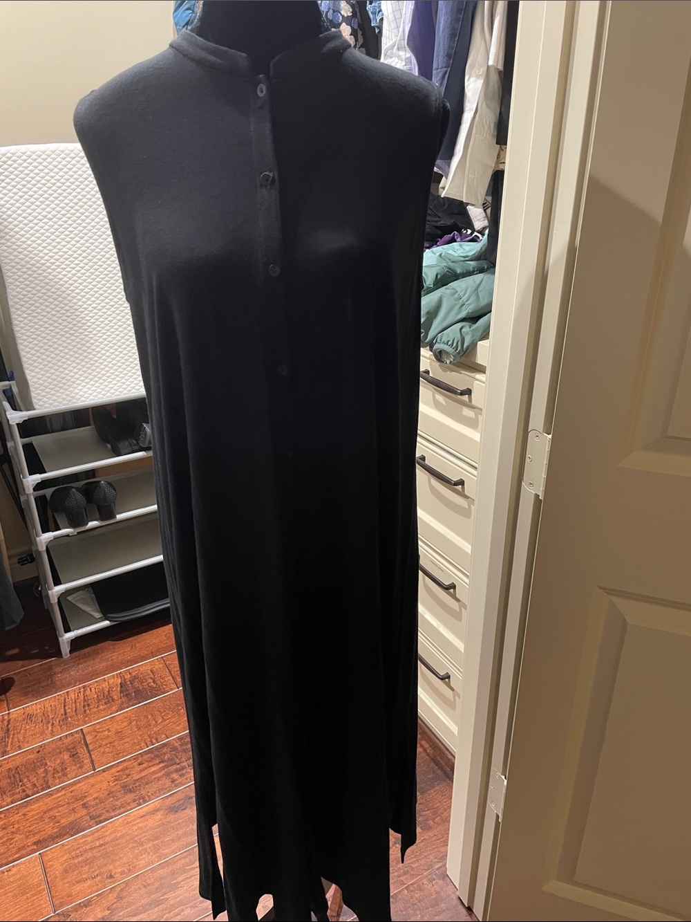 Black Eileen Fisher Button-Front (M) Sleeveless Midi Dress